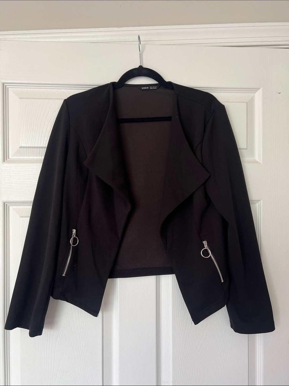 SHEIN Black Open-Front Draped Blazer with Ring Zip Pockets
